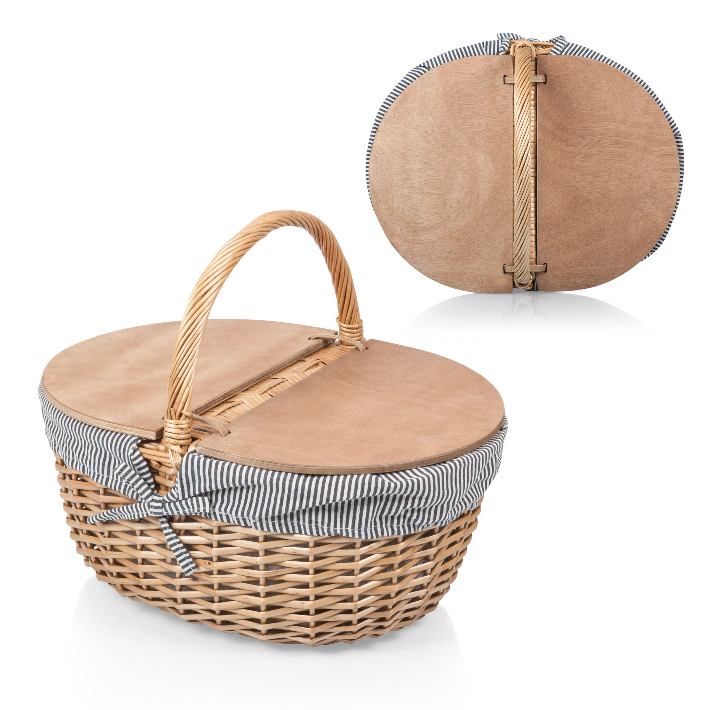 Navy Blue and White Stripe Wicker Picnic Basket with Wooden Lid