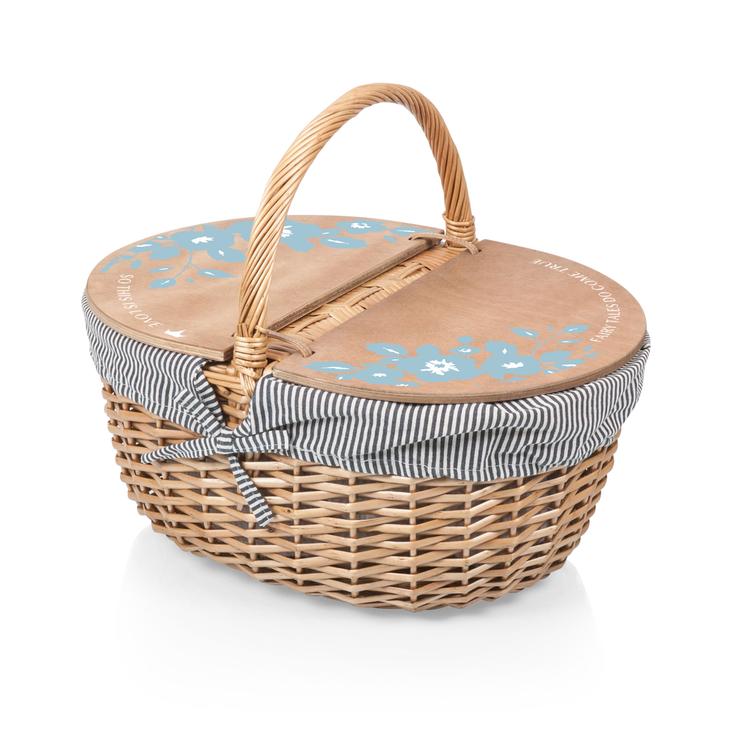 Navy Blue and White Stripe Wicker Picnic Basket with Wooden Lid