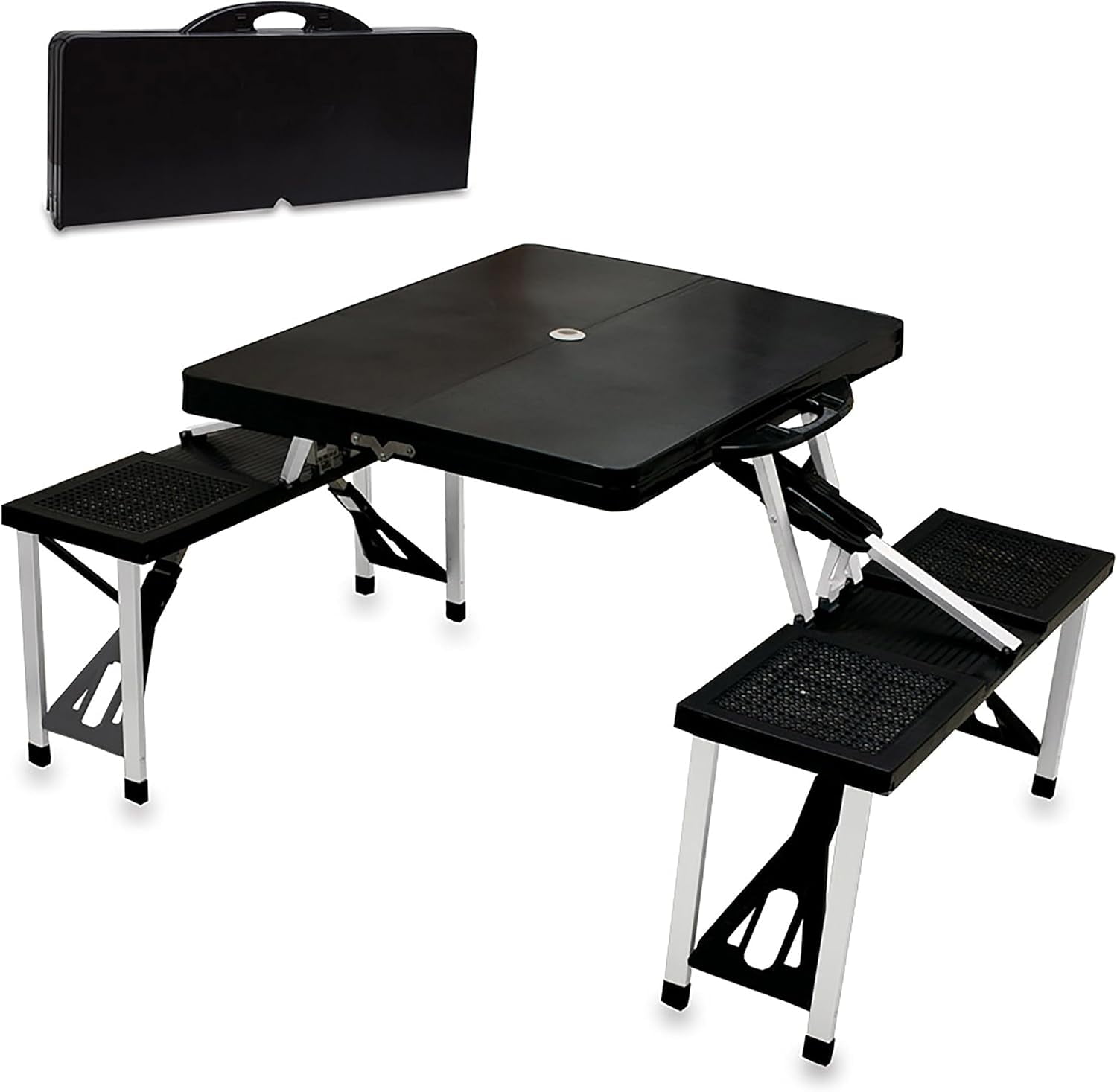 Black Folding Aluminum Picnic Table with Seats and Umbrella Hole