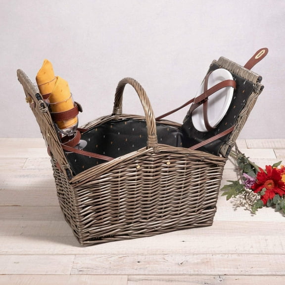 Picnic Time Piccadilly Vintage English-Style Wicker Picnic Basket for 2 with Complete Deluxe Service and Double-Lid Design, Anthology Collection – Gray with Gold Accents