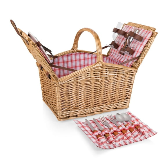 Picnic Time Piccadilly Vintage English-Style Wicker Picnic Basket for 2 with Complete Deluxe Service and Double-Lid Design, Red & White Plaid Pattern
