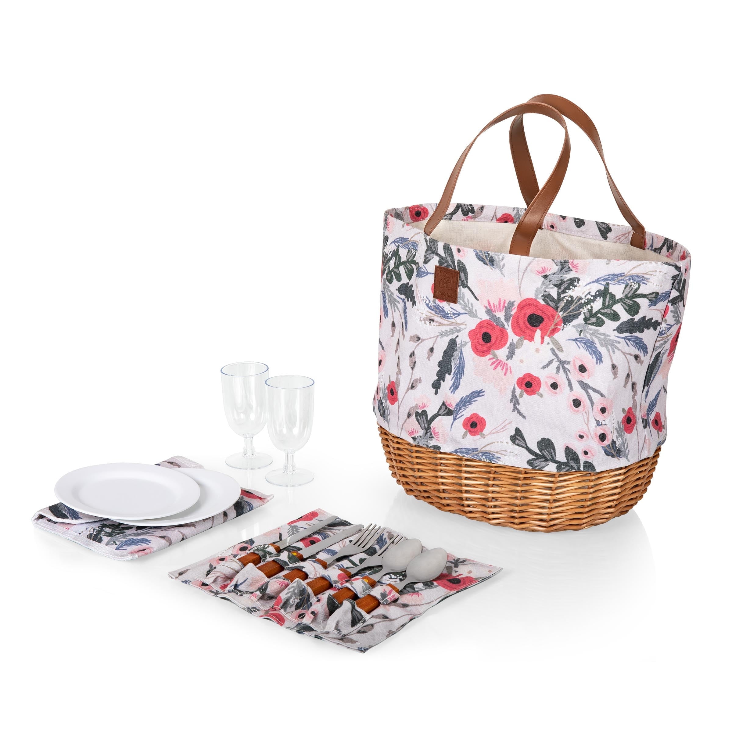 Floral Canvas and Willow Picnic Basket with Leatherette Strap