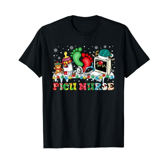 PICU Nurse Footprint Stethoscope Santa Christmas T-Shirt