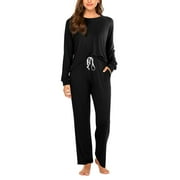 PIERRE NOIR Women's Plus Size 2 Piece Sleepwear Long Sleeve Top and Pants Pajama Set with Pockets