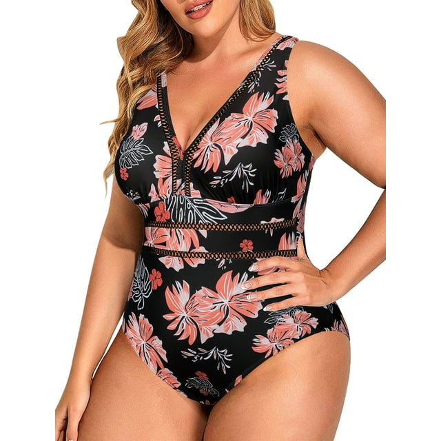 PIERRE NOIR Women's Plus Size One Piece Swimsuits Ruched V Neck Tummy Control Bathing Suits