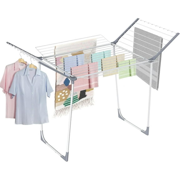 Clothes Drying Rack,Foldable Laundry Rack with 10 Clips and 2 Shoe Racks,Collapsible Space-Saving Drying Rack for Clothes,Towels,42.2 x 65.3 x 42.5 Inches with 4 Gullwings,Indoor/Outdoor White