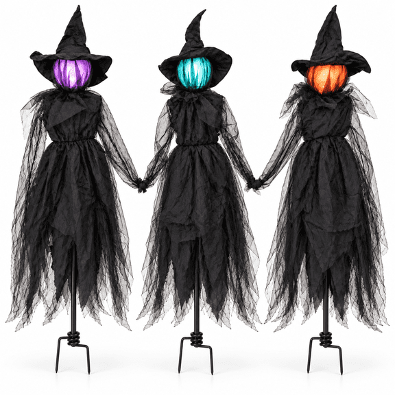 PIEYELO 3 Pack 5.5 ft Holding Hands Lighted Witch Stakes, Sound Activated Halloween Outdoor Yard Decorations