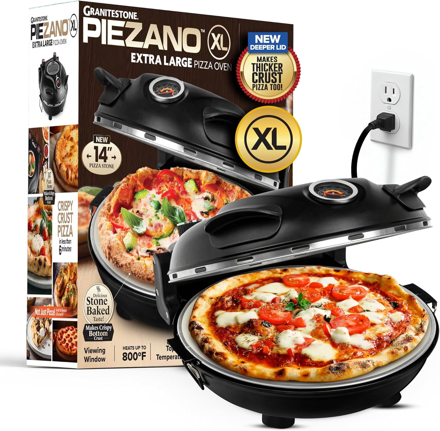 PIEZANO XL Crispy Crust Pizza Oven by Granitestone 14 Inch Electric Pizza Oven Indoor Countertop Maker w/ Ceramic Stone Heats up to 800˚F for Stone Baked Pizzeria Style at Home As Seen on TV Products