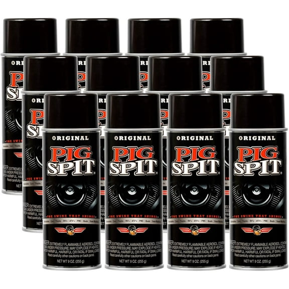 PIG SPIT Original for Use on Motors, Transmissions, Vinyl and Black Plastic Trim Components and Tires | 9 oz.| 12-Pack