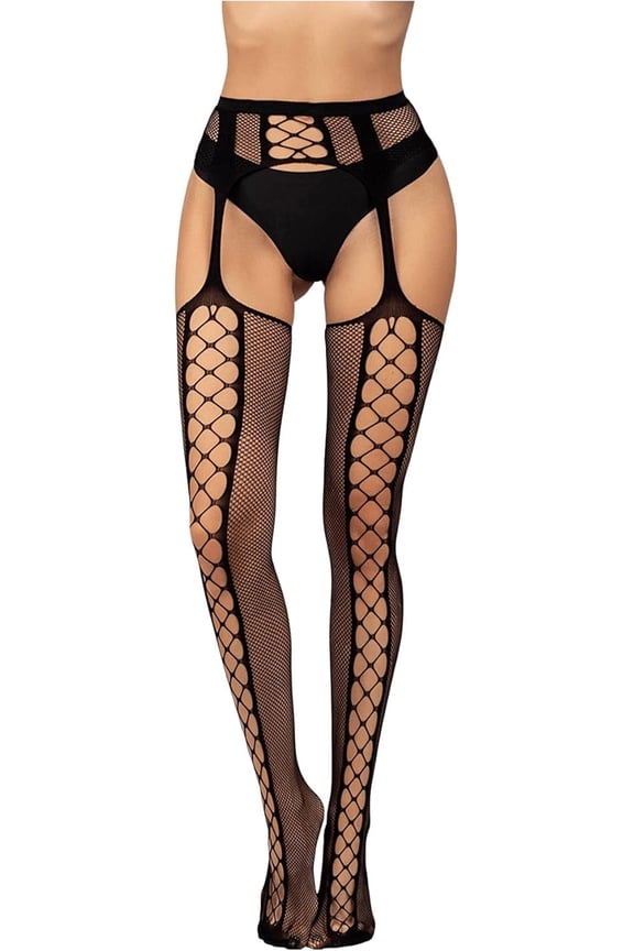 2PCS Women's Fishnet Stockings Tights High Waist Lace Suspender Pantyhose