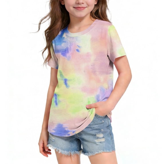 PIGOGI Big Kids Short Sleeve TShirt Round Neck Watercolor TieDye Print Breathable Crewneck Casual Top for Boys Girls 8-14 Years