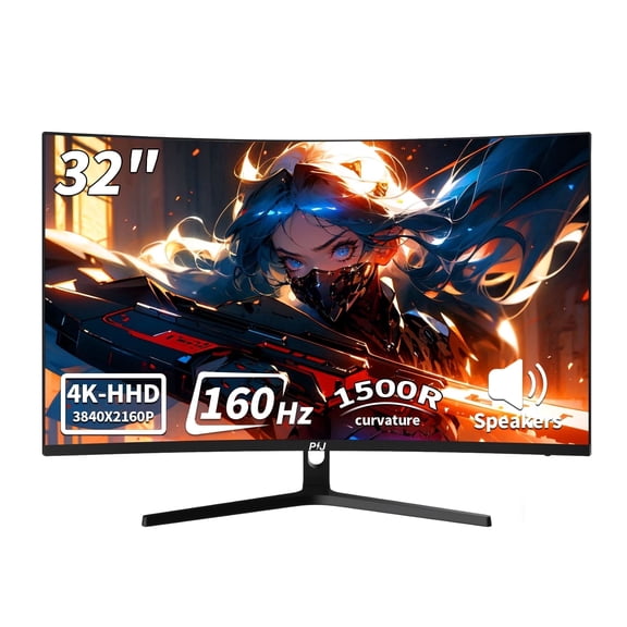 PIJ 32 Inch Curved Gaming Monitor Built-in Speakers, 4K UHD 1500R Immersive Screen, 160Hz Refresh Rate, 1ms, AMD FreeSync, 120% sRGB VA Panel, HDMI 2.1 x2/DP 1.4 x2, Wall Mountable