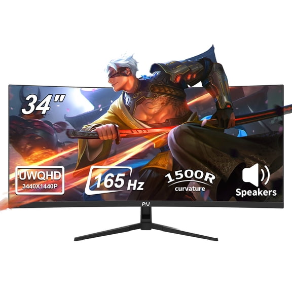 PIJ 34 inch Curved Gaming Monitor 165Hz, PC Computer Monitor Built-in Speakers for Home Office & Gaming, WQHD 3840*1440P, FreeSync, Eye Care, DP, HDMI, Wall Mountable