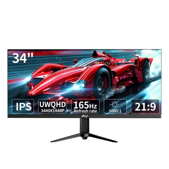 PIJ Gaming Monitor 34 inch IPS 165Hz, Ultrawide PC Screen 34401440P Ultra-Thin Zero Frame Computer Display for Home Office Business, DP, HDMI, Wall-Mounted, Black
