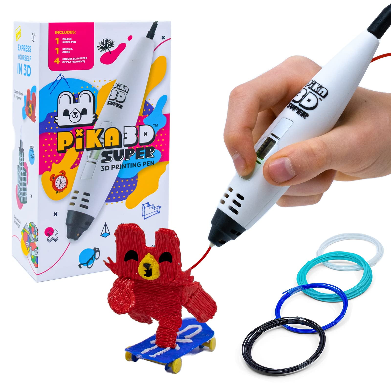 PIKA3D Super 3D PRINTING PEN - Includes 3D Pen, 4 Colors of PLA