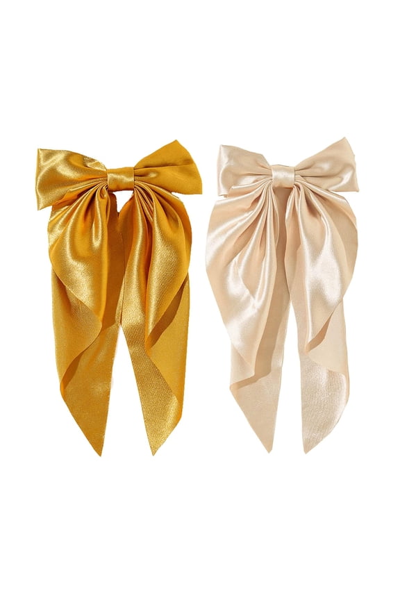 2Pcs Super Big Bow Hair Clips French Style Soild Color Knotted Bowknot Spring Snap Barrettes Hair Clips with Long Ribbon for Women Girls (Champagne+Gold)