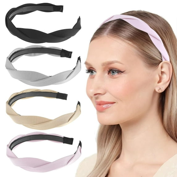 PIKADINGNIS 4 Pieces Braided Headbands for Women, Wide Braided Headband with Teeth, Braided Fabric Headbands, Fashionable Vintage Headbands, Non-Slip Headband for Women and Girls