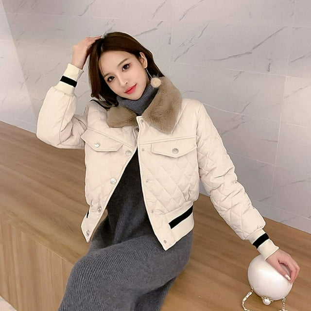 PIKADINGNIS All-match Short Parkas Jackets Women Fashion Plush Collar Down Cotton Jacket Female Korean Chic Long Sleeve Parka