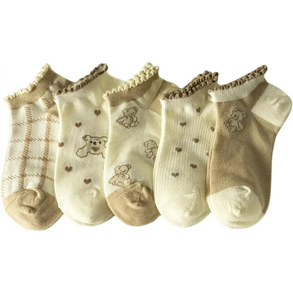 PIKADINGNIS Ankle Socks 5 Pairs for Women 5-10 Cute Bear Low Cut Fun Frilly Heart Plaid Summer Thin Casual Novelty Cotton Dress