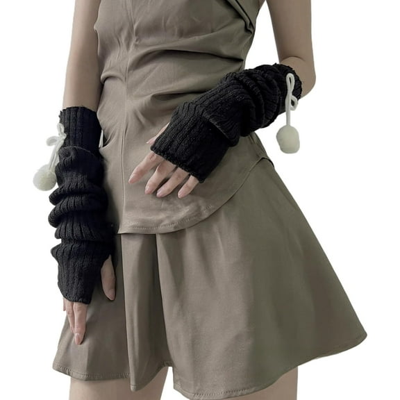PIKADINGNIS Arm Warmers for Women Cute Y2k Girls Punk Cotton Knitted Bowtie Pom-Pom Long Sleeve Fingerless Gloves Kawaii