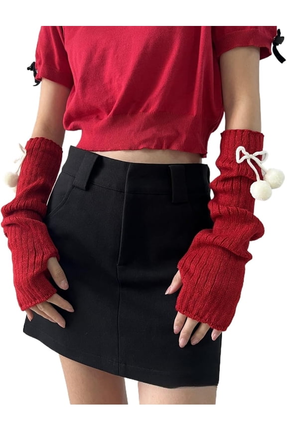 Arm Warmers for Women Cute Y2k Girls Punk Cotton Knitted Bowtie Pom-Pom Long Sleeve Fingerless Gloves Kawaii