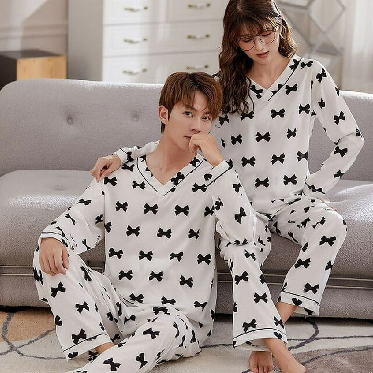 Autumn Winter Cotton Matching Couple Pajamas Men Sleepwear Women