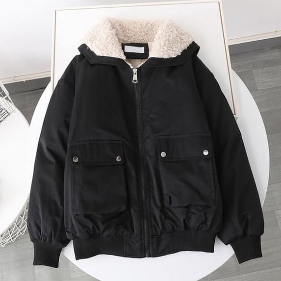 PIKADINGNIS Autumn Winter Thick Warm Plush Jacket Women New Lamb Wool Turndown Collar Fleece Coat Pink Sweet Loose Parka Woman