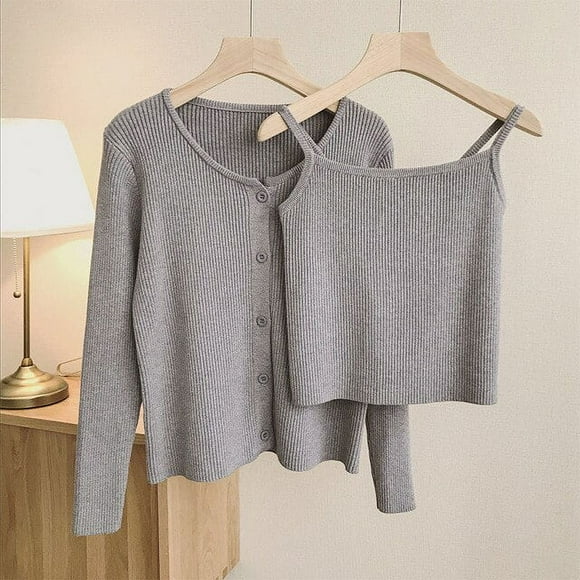 PIKADINGNIS Basic Camisole Knitted Cardigan Sets Women Korean Casual Solid Long Sleeve Top Vest 2 Piece Set Single-breasted Sweater