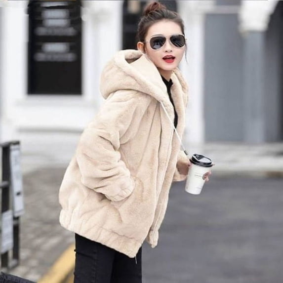 PIKADINGNIS Black Gray Faux Rabbit Fur Coat Women Korean Casual Loose Hoodies Jacket Female Winter Thick Warm Furry Overcoat
