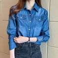 thumbnail image 1 of PIKADINGNIS Blue Denim Shirt Women Spring Autumn Pockets Long Sleeve Blouses Tops Fashion Button Turndown Collar Jacket Female, 1 of 6