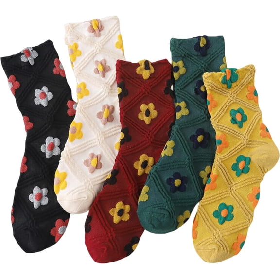 PIKADINGNIS Calf Socks 5 Pairs for Women 5-10 Cute Casual Chic Trendy Argyle Vintage Ankle Flower Print Cotton Breathable