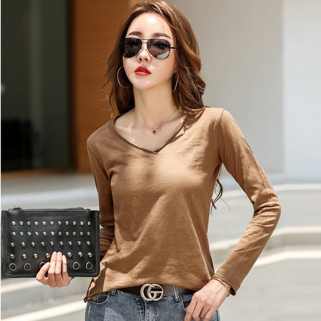 PIKADINGNIS Casual Women T-Shirt Long Sleeve Korean Style Slim