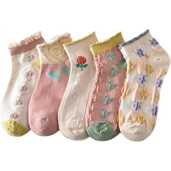 PIKADINGNIS Crew Socks 5 Pairs for Women 5-10 Cute Chic 3D Floral Design Frilly Ankle Thin Low Cut Summer Breathable