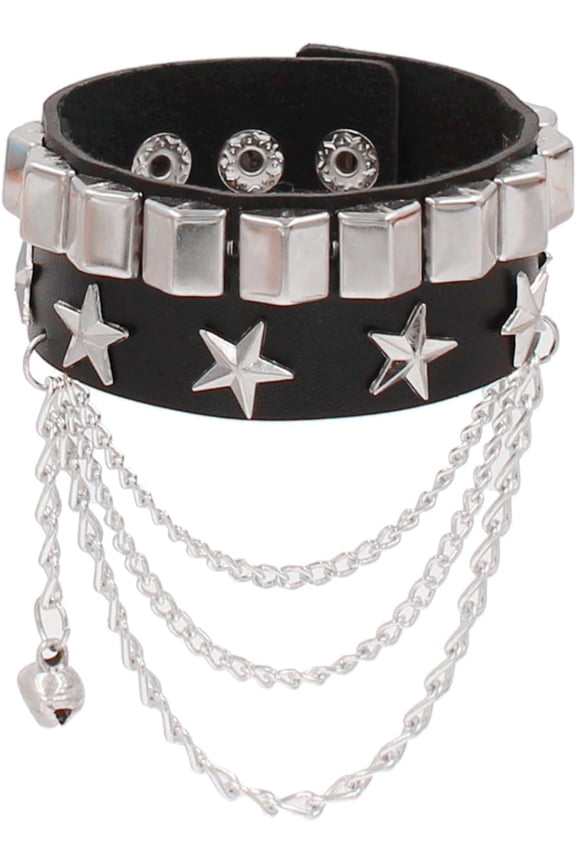 Cuff Bracelet Rock Punk Y2K Retro Hip Hop Street Stars Chain Small Bell Riveted PU Leather Attitude Personality