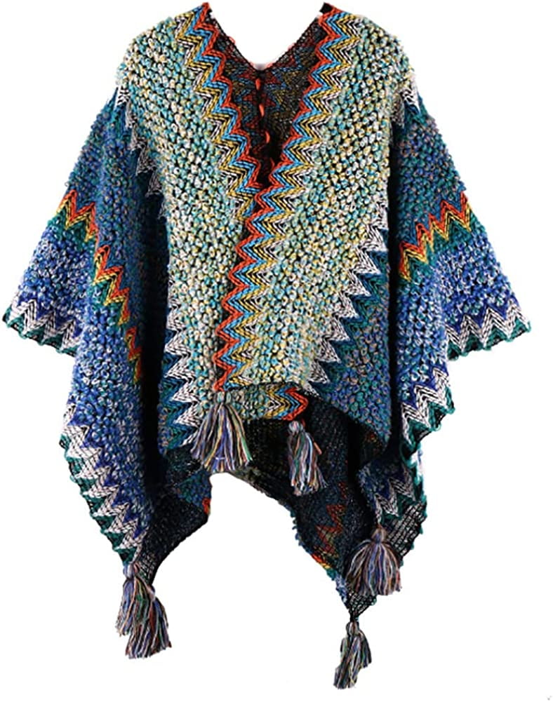 PIKADINGNIS Ethnic Wrap Shawl Poncho Cape for Women Knit Open Front
