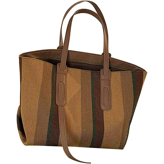 PIKADINGNIS Fashion Large Size Canvas Shoulder Bag for Women, Strip Tote Handbag with PU Leather Strap