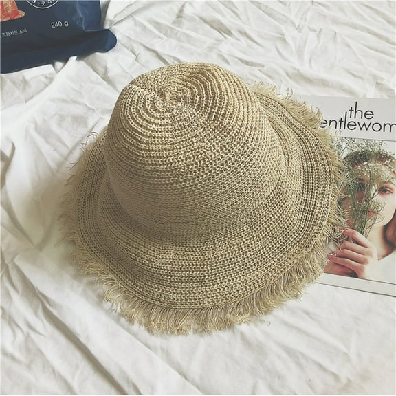 PIKADINGNIS Fashion Women Sun Hats for Wide Brim Straw Beach Side Cap Floppy Female Straw Hat Solid Fringe Straw Hat Summer Hat Lday Panama