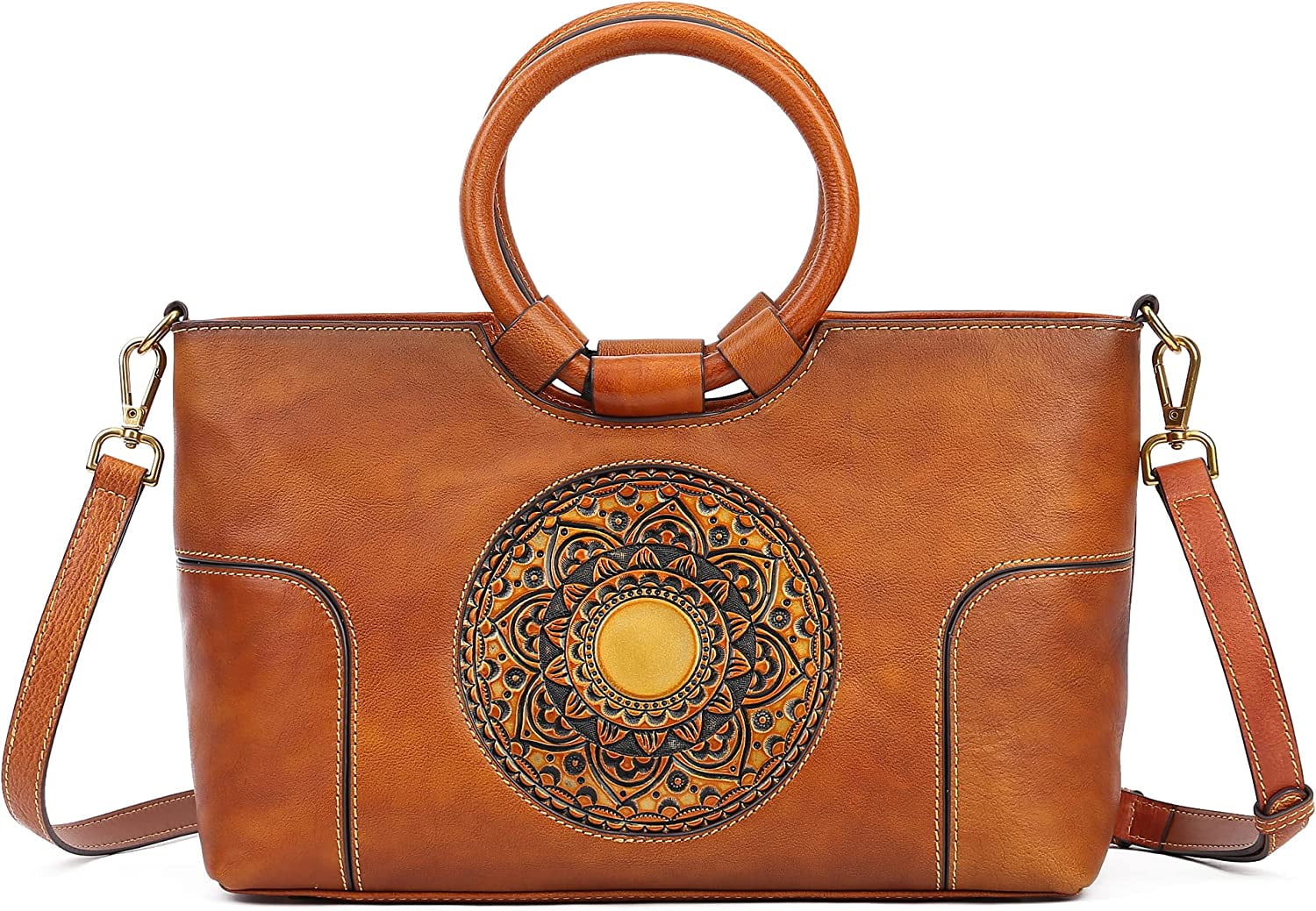 PIKADINGNIS Genuine Leather Handbag for Women,Vintage Design Embossed