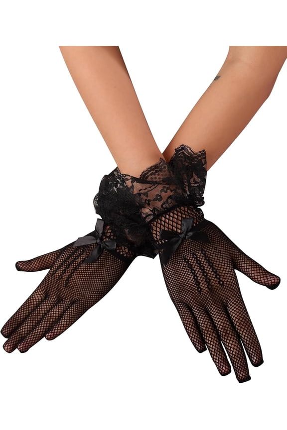 Goth Black Mesh Lace Gloves, Bow Gloves, Short Gloves, Gothic Accessories, Y2k Lolita Accessories, Vintage Accessories