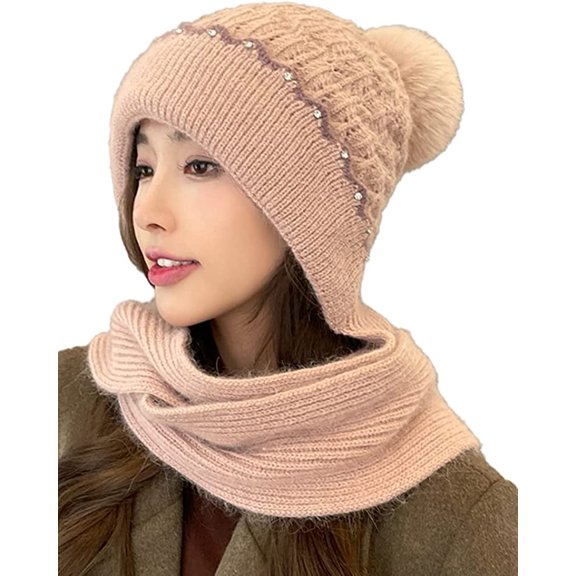 PIKADINGNIS Hat Scarf Integrated Women Slouchy Chunky Cable Knitted Warm Soft Wool Hat