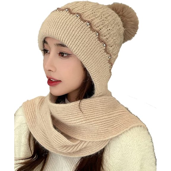 PIKADINGNIS Hat Scarf Integrated Women Slouchy Chunky Cable Knitted Warm Soft Wool Hat