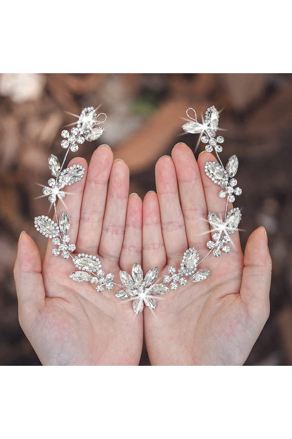 Hearead Crystal Bride Wedding Hair Vine Silver Rhinestones Headpiece Bridal Headband Hair Accessories for Women and Girls