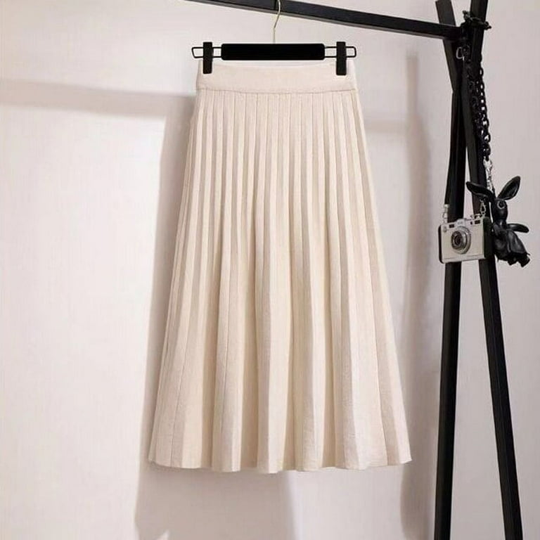PIKADINGNIS High Waist Women Knit Pleated Skirt Spring Casual Solid Color Midi Skirt Woman Korean Knee Length A Line Skirts