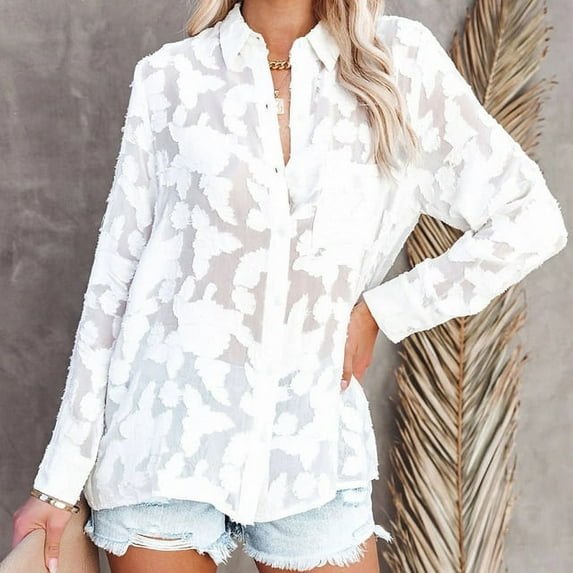 PIKADINGNIS Hollow Out Floral Long Sleeve Blouse Women Casual Turn Down Collar Buttons Shirts Woman Vintage Loose Street Shirt Tops