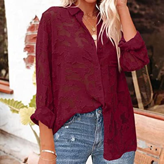 PIKADINGNIS Hollow Out Floral Long Sleeve Blouse Women Casual Turn Down Collar Buttons Shirts Woman Vintage Loose Street Shirt Tops