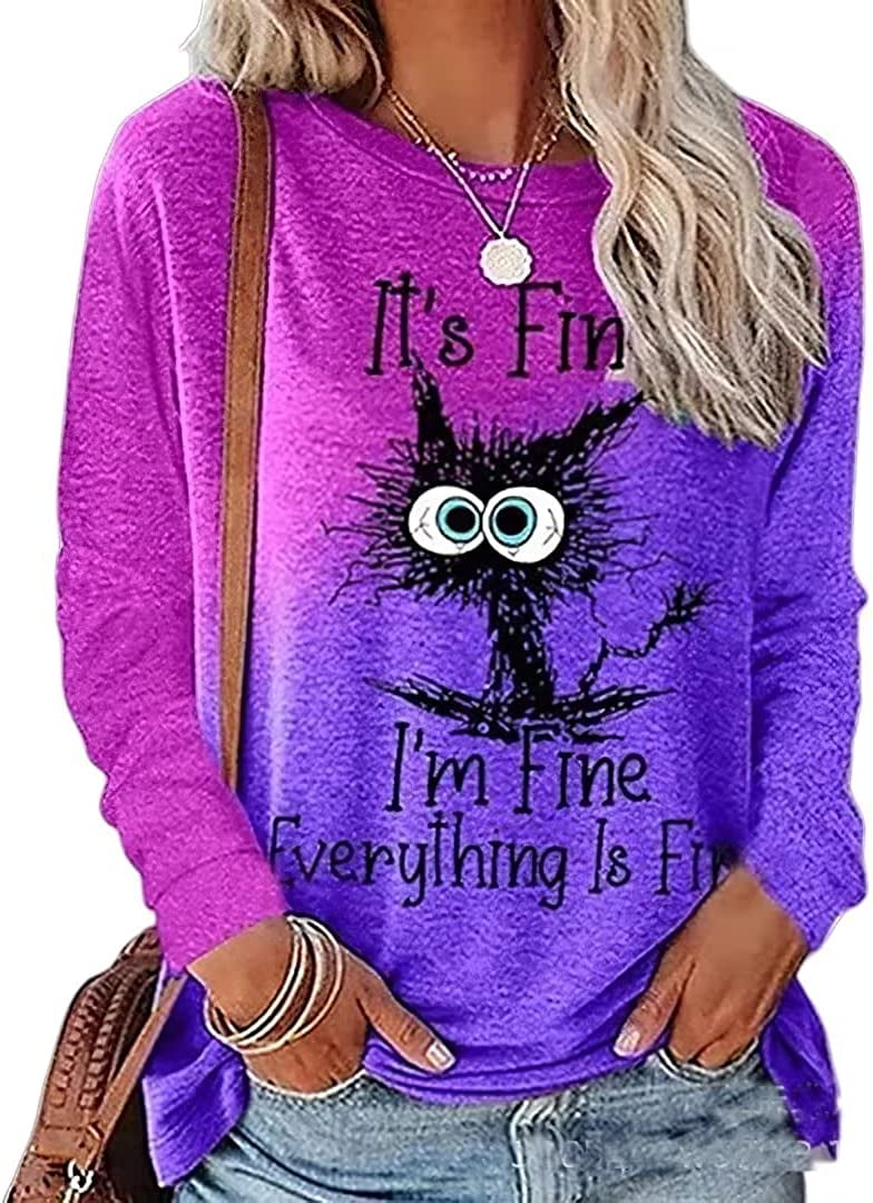 PIKADINGNIS It's Fine I'm Fine Everything is Fine Funny Cat Sweatshirt