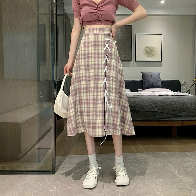 PIKADINGNIS Korean Fashion High Waist Plaid Skirt Women Elegant Chic Cross  Strap Maxi Skirts Female All-match A-line Long Skirt