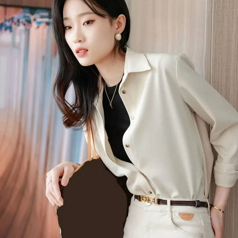 Elegant Solid Fold Turndown Collar Blouses Elegant Solid Fold Turndown Collar Blouses