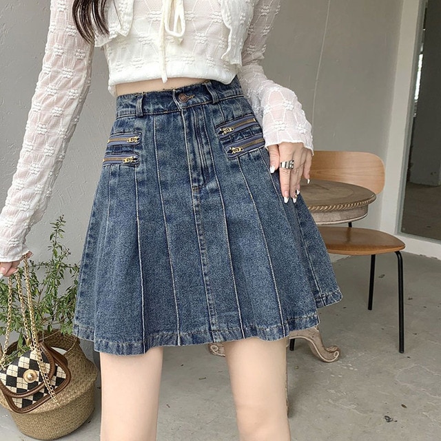 Pleated skirts knee length jean skirt best sale