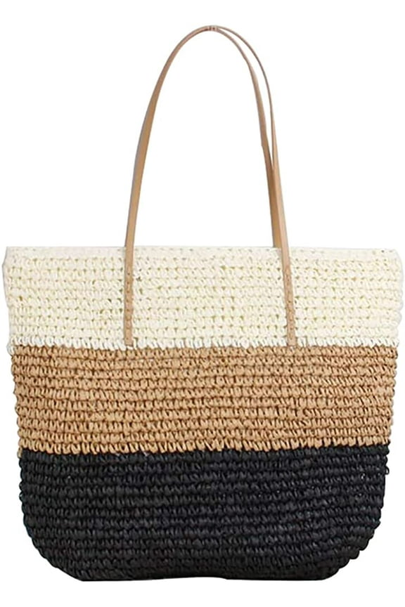 Large Straw Bag for Women, Color Block Pattern Stripes Woven Tote Shoulder Handbag